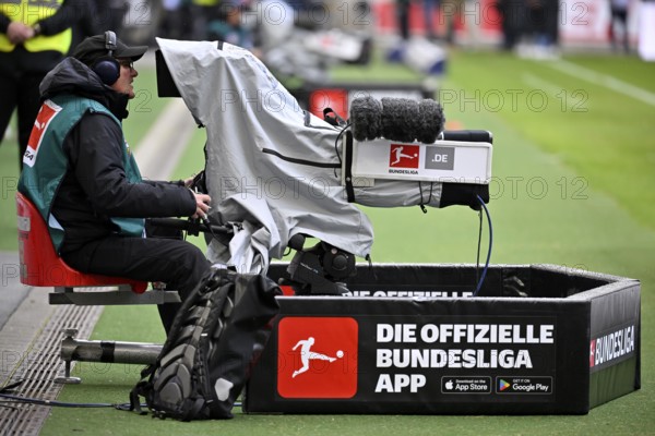Bundesliga match, TV camera, logo DIE OFFIZIELLE BUNDESLIGA APP Kameramannm MHPArena, MHP Arena Stuttgart, Baden-Württemberg, Germany