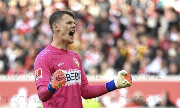 Goalkeeper Alexander Nübel VfB Stuttgart (33) Action Cheering Joy Gesture Gesture MHPArena, MHP Arena Stuttgart, Baden-Württemberg, Germany