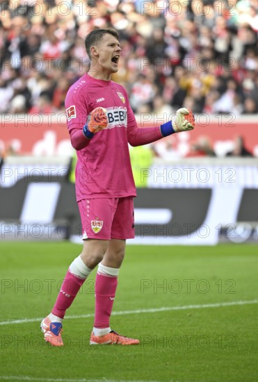 Goalkeeper Alexander Nübel VfB Stuttgart (33) Action Cheering Joy Gesture Gesture MHPArena, MHP Arena Stuttgart, Baden-Württemberg, Germany
