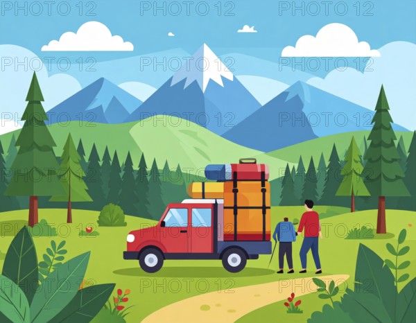 Traveling and hiking in mountain landscape, abstract vector illustration, AI generated image