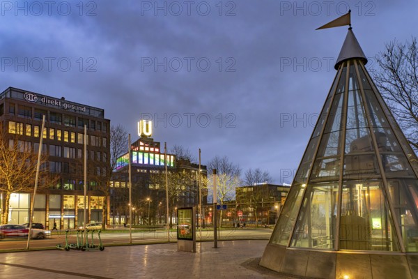 Buffalo Square and Dortmund's landmark U, Centre for Art and Creativity at dusk, Dortmund, North Rhine-Westphalia, Germany