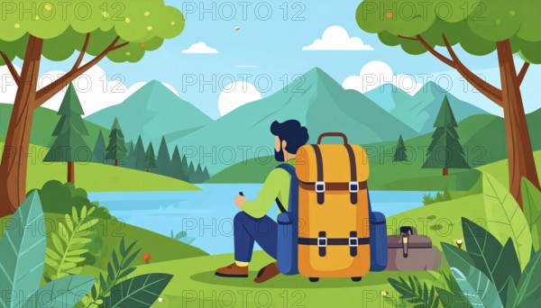 Traveling and hiking in mountain landscape, abstract vector illustration, AI generated image