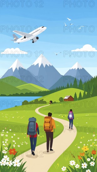 Traveling and hiking in mountain landscape, abstract vector illustration, AI generated image