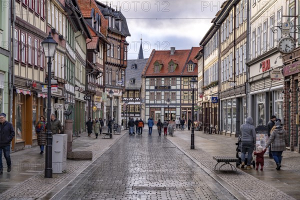 Half-timbered houses in the pedestrian zone of Wernigerode, Saxony-Anhalt, Germany