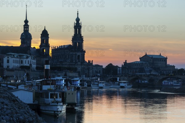 Old Town of Dresden at sunset, Cathedral Sanctissimae Trinita, Court of Appeal, Residential Palace, Semper Opera, Augustus Bridge, Elbe, Dresden, Saxony, Germany