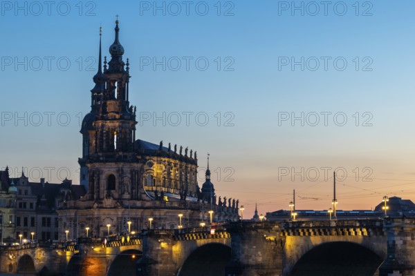 Cathedral Sanctissimae Trinitatis, Augustus Bridge, dusk, Dresden, Saxony, Germany