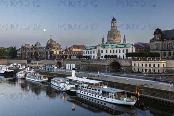 Academy of Fine Arts, Brühl's Terraces, Church of Our Lady, paddle steamer on the Elbe at dusk with moon, Dresden, Saxony, Germany