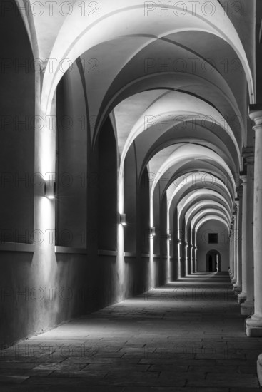 Pillars and archway in the stable courtyard, artificial light, Residenzschloss, Neustadt, Dresden, Saxony, Germany