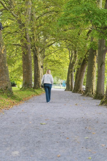 A woman walks on a paved path between tall green trees in autumn, Mainau Island, Lake Constance, Germany