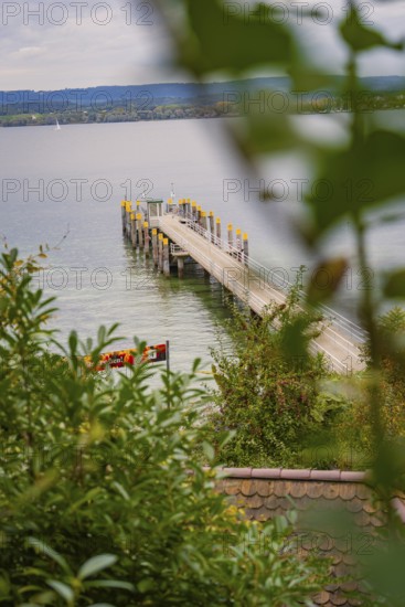 View of a jetty jutting into a calm lake surrounded by lush greenery, Mainau Island, Lake Constance, Germany