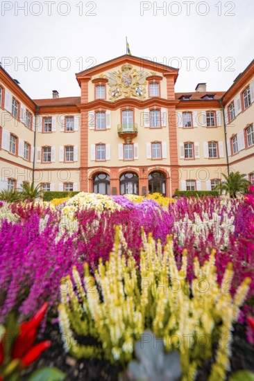 Impressive building with magnificent sea of flowers in the foreground, Mainau flower island, Lake Constance, Germany