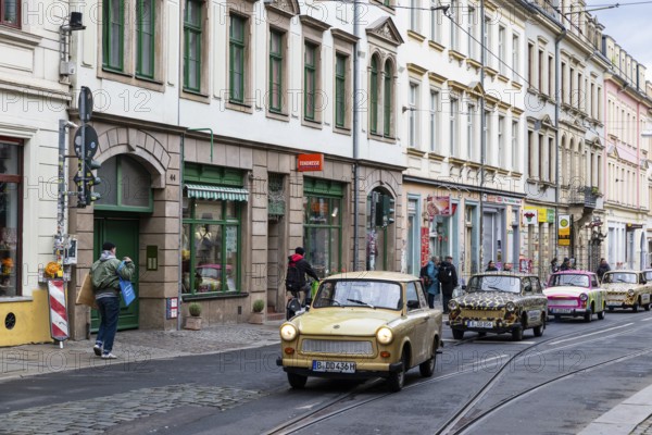 Row of Trabants in the trendy Neustadt neighbourhood, Dresden, Saxony, Germany