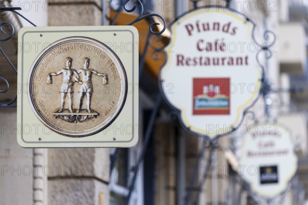 Façade signs on the Pfunds dairy, Neustadt, Dresden, Saxony, Germany