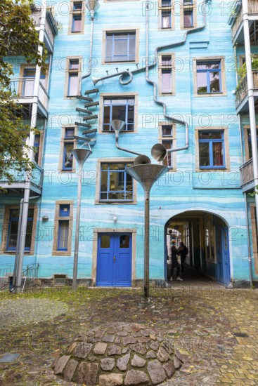 House façade with ornate guttering in the trendy Neustadt district, Dresden, Saxony, Germany