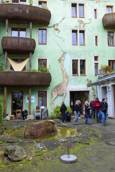 Rattan balconies on an ornate house in the trendy Neustadt neighbourhood, Dresden, Saxony, Germany