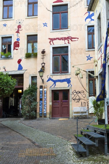 House facade with pictures, trendy neighbourhood in Neustadt, Dresden, Saxony, Germany