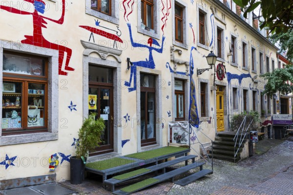 House facade with pictures, trendy neighbourhood in Neustadt, Dresden, Saxony, Germany
