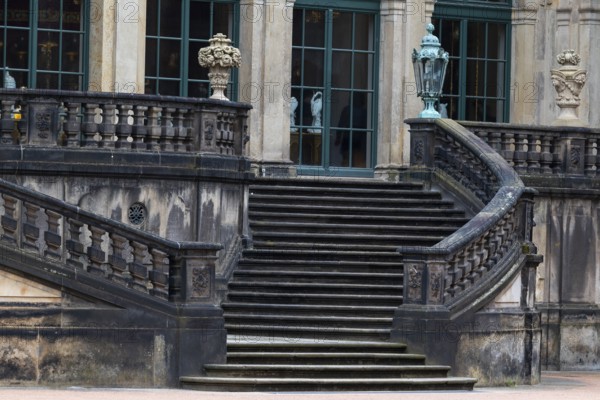 Massive stone staircase in the inner courtyard of the Residenzschloss, Old Town, Dresden, Saxony, Germany