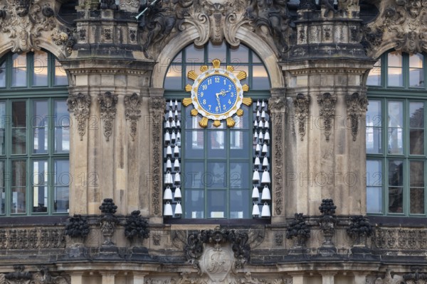 Wall clock in the inner courtyard of the Residenzschloss, Old Town, Dresden, Saxony, Germany