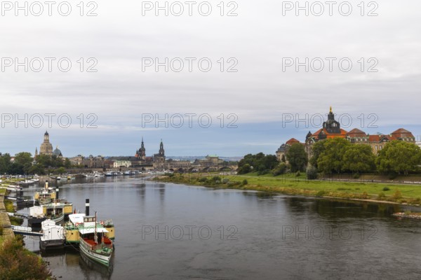 Elbe between Old and New Town, Academy of Fine Arts, Church of Our Lady, Cathedral Sanctissimae Trinitatis, Residential Palace, Court of Appeal, Semper Opera House, paddle steamer on the Elbe, Augustus Bridge, Saxon State Ministry, Dresden, Saxony, Germany