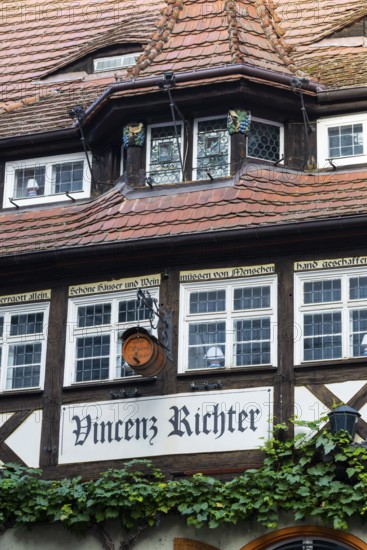 Vincenz Richter wine house, half-timbered house, historic windows, wine barrel, market square, old town, Meissen, Saxony, Germany