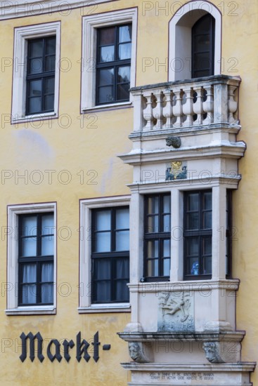 Balcony on the Jungendstilhaus, historic windows, market pharmacy, market square, old town centre, Meissen, Saxony, Germany
