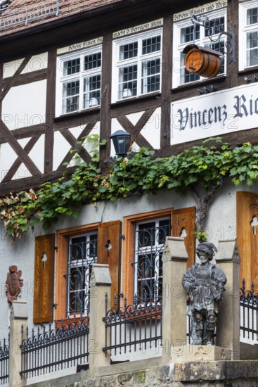Vincenz Richter wine house, half-timbered house, shutters, wine barrel, market square, old town, Meissen, Saxony, Germany