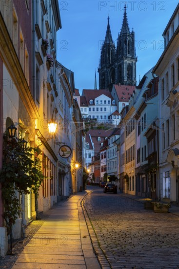 Church towers of Meissen Cathedral, St. Johannis and St. Donatus, Burgstraße, Houses, Blue Hour, Old Town, Meissen, Saxony, Germany