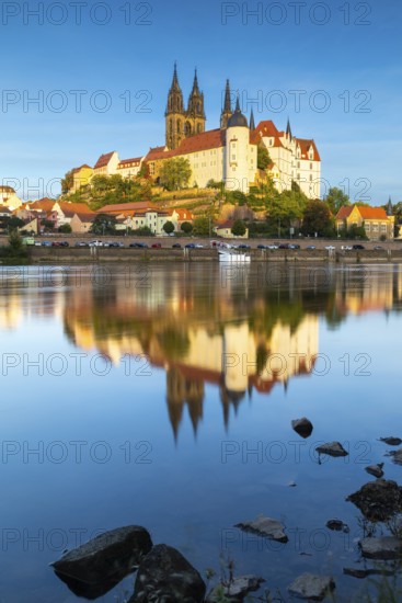 View of Albretsburg Castle and Meissen Cathedral, St. Johannis and St. Donatus, Reflection in the Elbe, River, Old Town, Meissen, Saxony, Germany