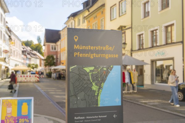 A city map with street names in a lively street with autumnal buildings, Überlingen, Lake Constance, Germany