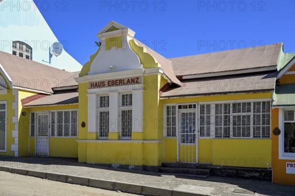 Colonial house facade of the Eberlanz House in Bergstraße, Lüderitz, Karas Region, Namibia