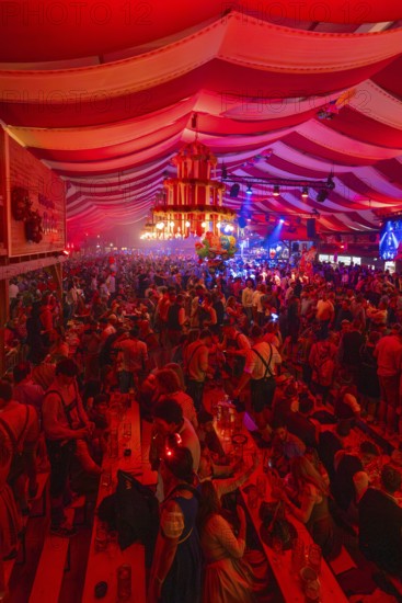 Lively celebration with intense red lighting in a marquee, Cannstatter Wasen folk festival, Stuttgart, Germany