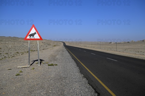Sign warning of brown hyenas or beach wolves (Parahyaena brunnea) near Lüderitz, Karas Region, Namibia