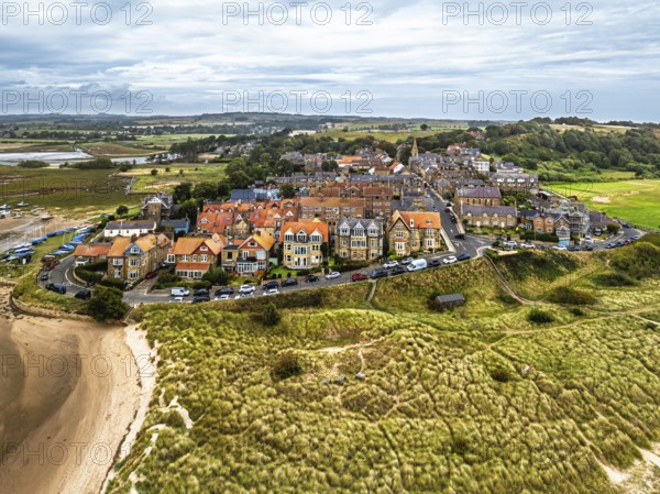 Alnmouth and River Aln Estuary from drone, Alnwick, Northumberland, England, United Kingdom