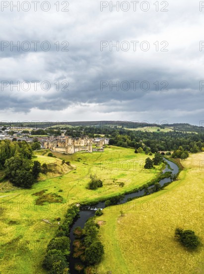 Alnwick Castle from a drone, Alnwick, Northumberland, England, United Kingdom