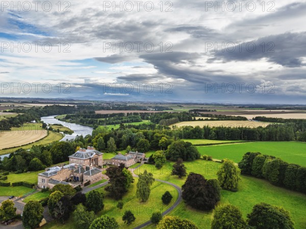 Paxton House over River Tweed from a drone, Paxton, Berwick-upon-Tweed, Berwickshire, Scotland, UK