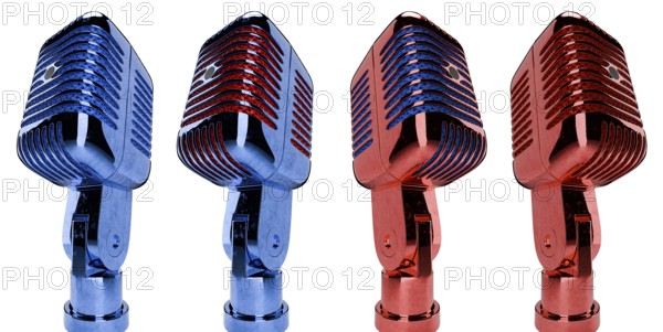 Red and blue classic vintage microphone set isolated on a white background