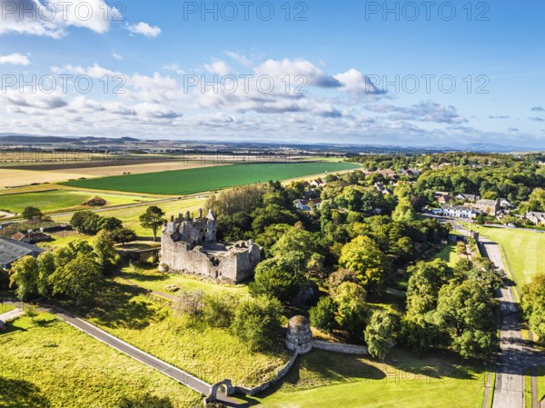Ruins of Dirleton Castle & Gardens from a drone, Dirleton, East Lothian, Scotland, UK
