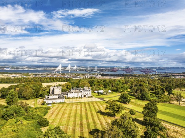 Dundas Castle over South Queensferry from a drone, Edinburgh, Scotland, UK