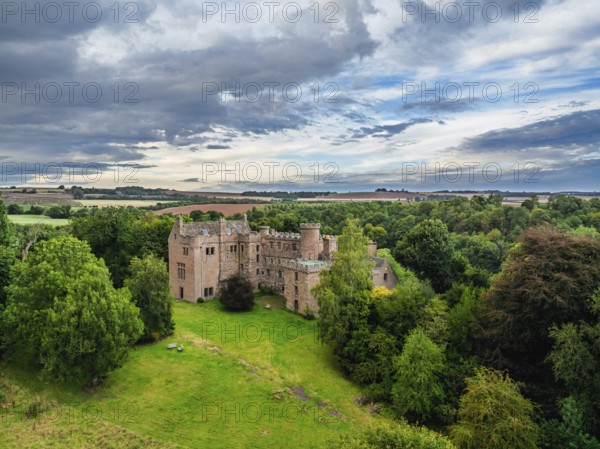 Hutton Castle from a drone, Whiteadder Water, Chirnside, Scottish Borders, UK