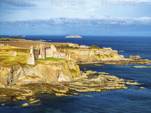Ruins of Tantallon Castle from a drone, North Berwick, East Lothian, Scotland, UK