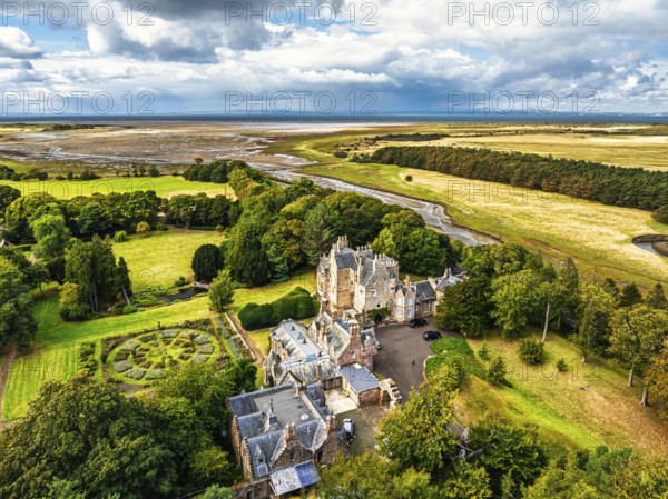 Luffness Castle from a drone, Aberlady, East Lothian, Scotland, UK