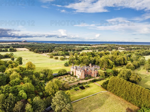 Tyninghame House over River Tyne from a drone, East Lothian, Scotland, UK