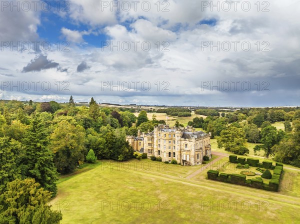 Oxenfoord Castle from a drone, Midlothian, Scotland, UK