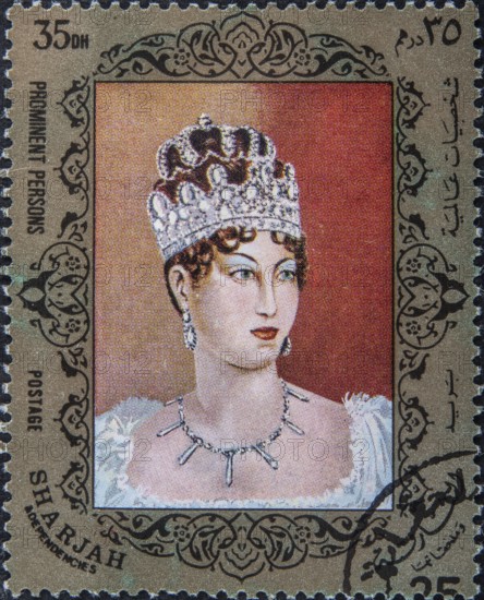 Josephine Bonaparte or Joséphine de Beauharnais (1763 -1814) was the first wife of Emperor Napoleon I and Empress of the French from 1804 until 1810, Portrait on an United Arab Emirates postage stamp