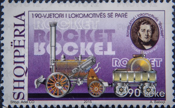 Robert Stephenson (1803-1859) was a British engineer, famous for the design of the Rocket locomotive. Portrait on Albanian postage stamp