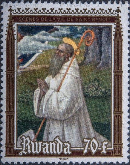 Benedict of Nursia (480-543), monk and founder of the Benedictine Order. Portrait on Rwandan postage stamp