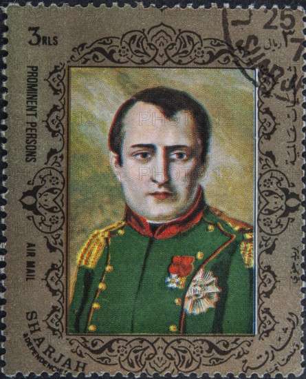Napoleon Bonaparte (1769-1821) Emperor of France as Napoleon I 1804-1814. Portrait on a United Arab Emirates postage stamp