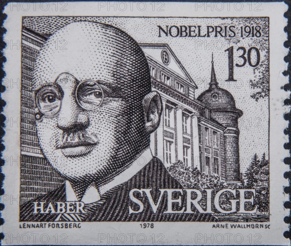 Fritz Haber (1868-1934) was a German chemist who received the Nobel Prize in Chemistry in 1918. Portrait on a Swedish postage stamp