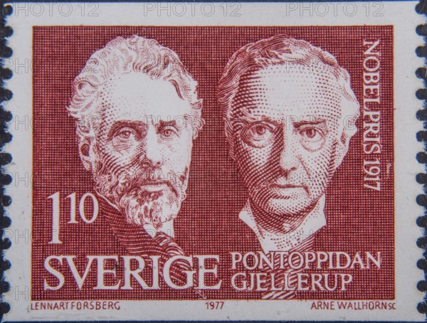 Henrik Pontoppidan (1857-1943) and Karl Gjellerup (1857-1919), both Danish authors who together received the Nobel Prize in Literature in 1917. Portrait on Swedish postage stamp